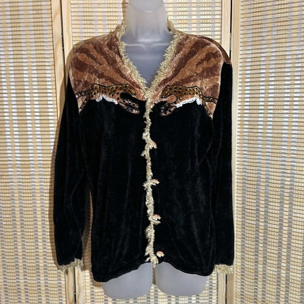 That Sweater Vintage 1990s Black Velour Cardigan Sequined Leopards Fringe Large